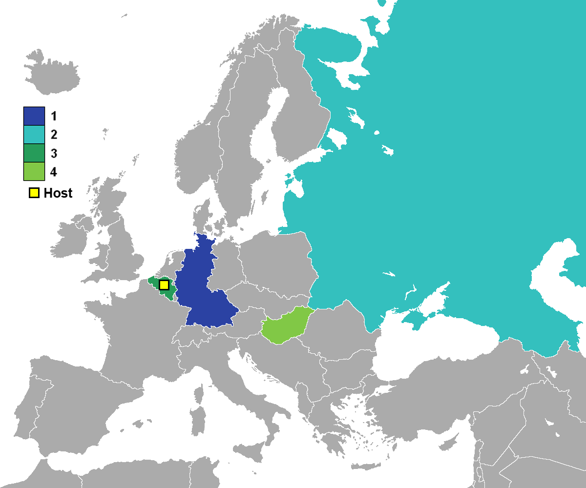 UEFA European Football Championship 1972 final team ranking, showing:
Winner (dark blue)
Runner-up (light blue)
3rd (dark green)
4th (light green)
Yellow square is host nation (Belgium).