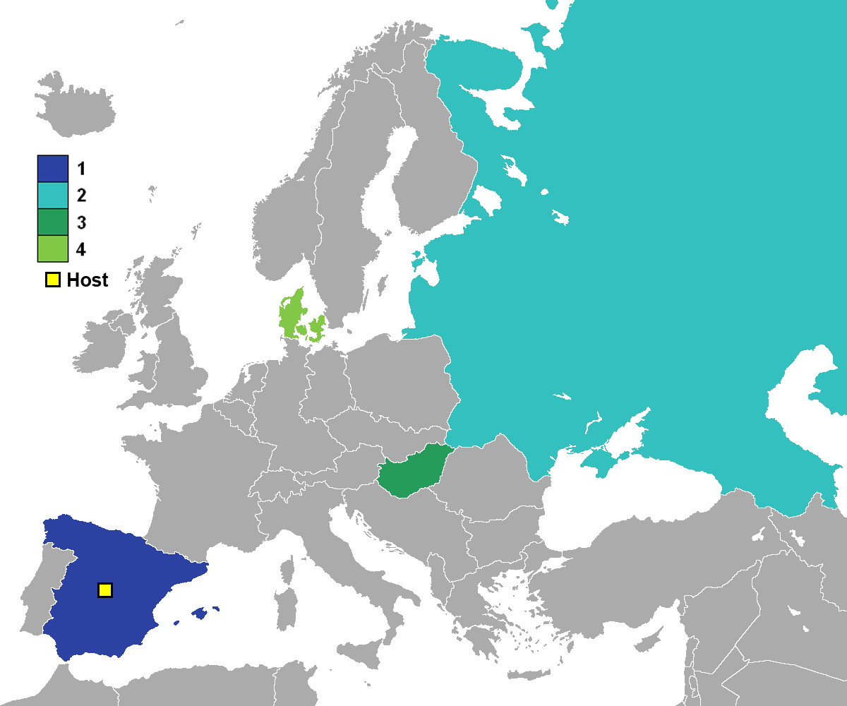 UEFA European Football Championship 1968 final team ranking, showing:
Winner (dark blue)
Runner-up (light blue)
3rd (dark green)
4th (light green)
Yellow square is host nation (Italy).