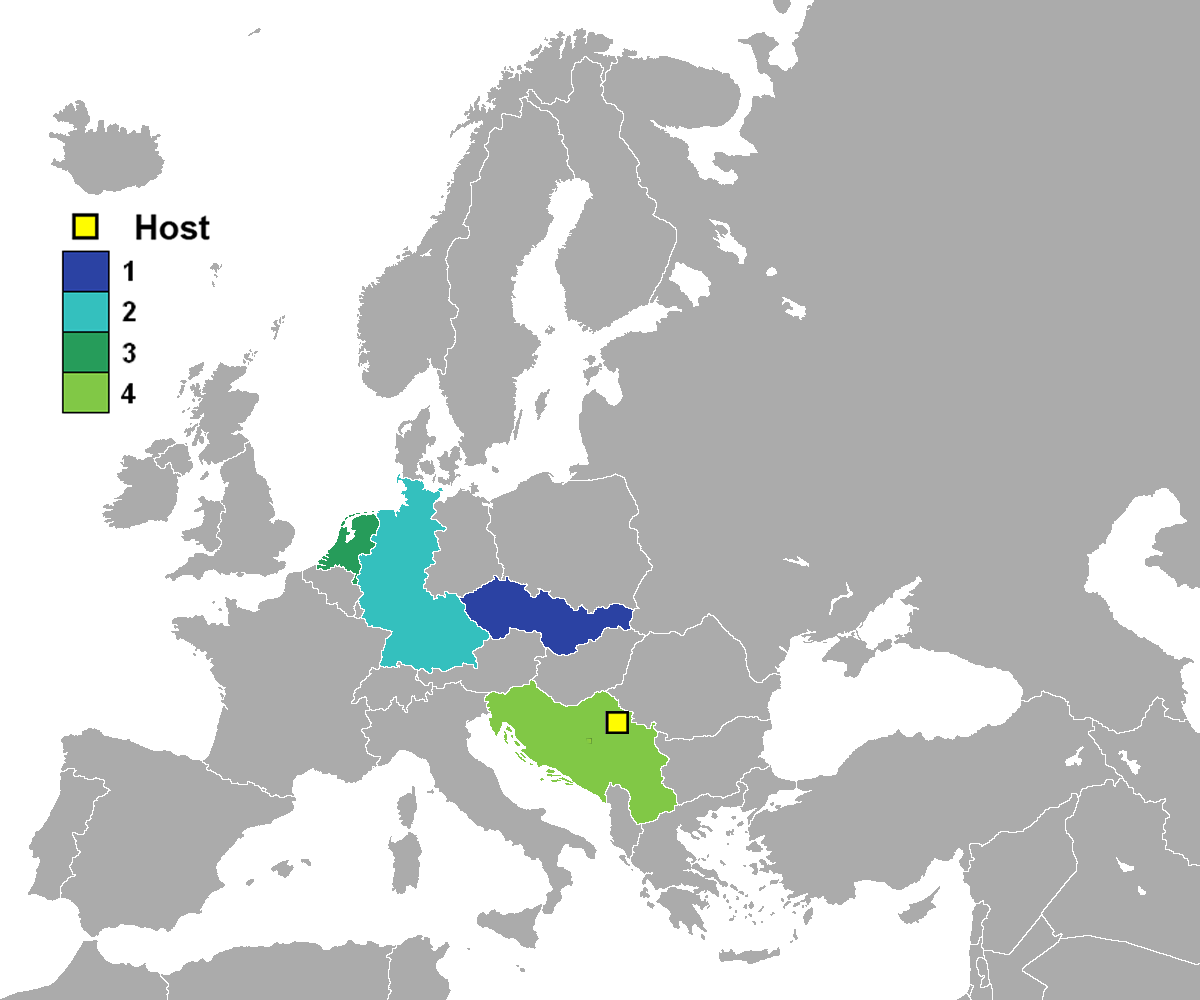 UEFA European Football Championship 1976 final team ranking, showing:
Winner (dark blue)
Runner-up (light blue)
3rd (dark green)
4th (light green)
Yellow square is host nation (Yugoslavia).