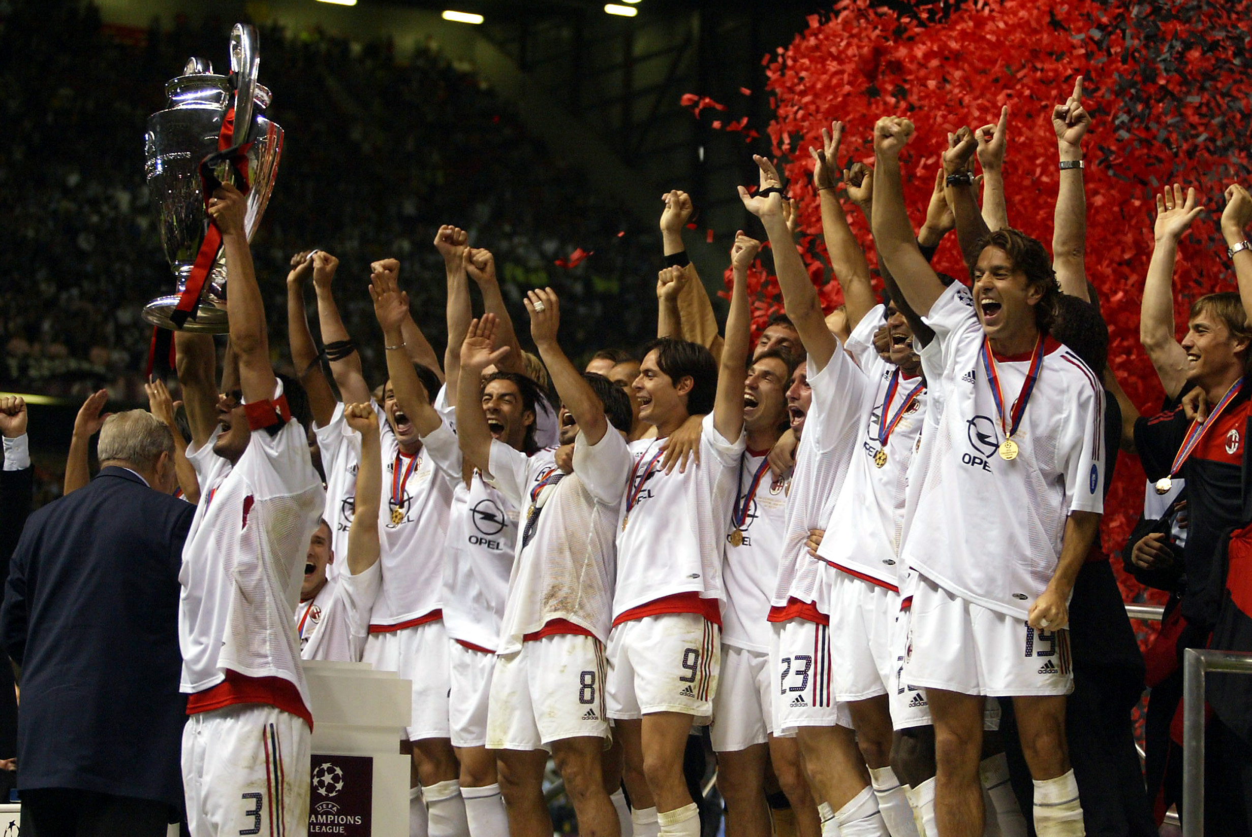 A.C. Milan, the winners of the 2002–03 UEFA Champions League, lift the European Cup. They defeated Juventus F.C. 3–2 on penalties at Old Trafford in Manchester, England.