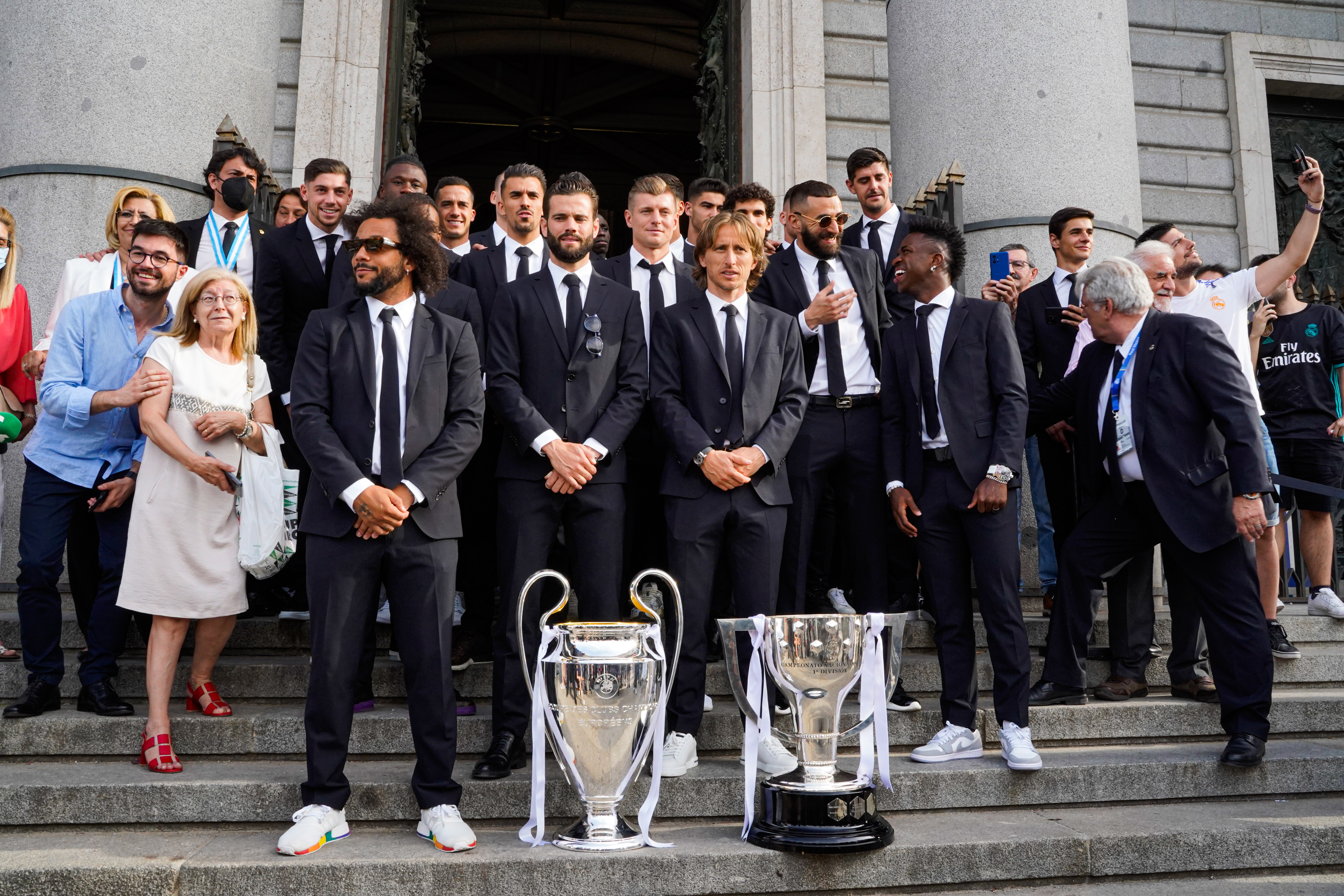 Real Madrid offers the Champions League and the League trophies to the Virgin of Almudena.