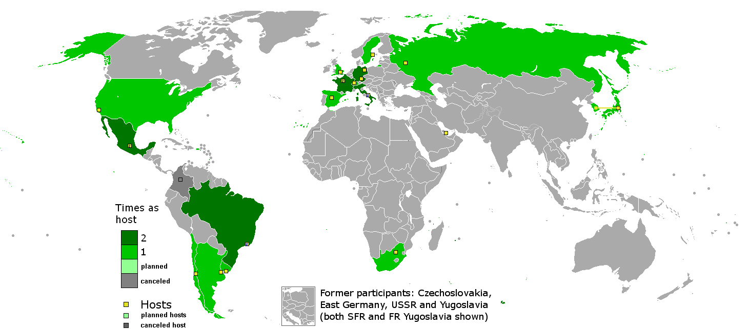 This is a map showing the locations of all w:FIFA World Cup hosts as of 2022. Note that Germany hosted first as West Germany. Also note that South Korea and Japan were co-hosts in 2002.